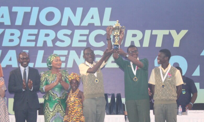 • Students of St. Peters Senior High School with their trophy after emerging as the overall winners. Applauding are Second Lady Samira Bawumia (second from left) and Albert Antwi-Boasiako Photo: Ebo Gorman