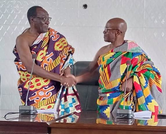 • Togbe Tepre Hodo (left) congratulating his vice, Togbe Patamia Dzekle, after being sworn in for the next four years