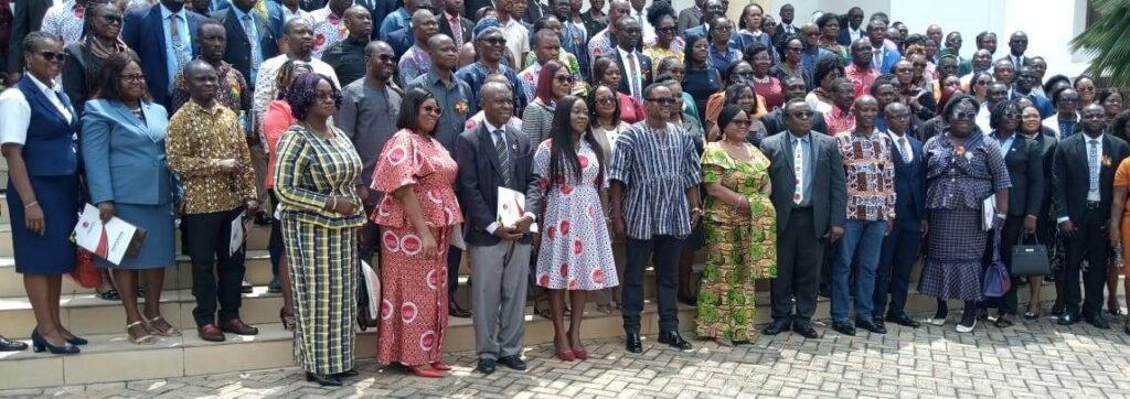 Prof. Gyan (seventh from left, front row), Dr Abbey (sixth from left, front row) and new members and graduands