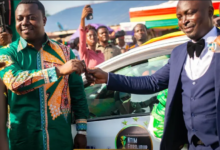 • Mr Ntim Fordjour (left) handing over the keys to the car to Mr Paul Afoakwah Okyere