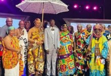 • King TackieTeikoTsuru II (fourth from left) and Prof. Duncan with chiefs and traditional elders after the event