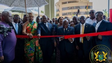 President Akufo-Addo (middle) being assisted by Dr Bawumia (second from right), Dr Ernest Addison (fourth from left), Ga Mantse, King Tackie Teiko Tsuru II (third from left), to cut the tape to open the facility