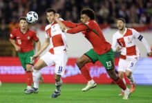 • Croatia's Ante Budimir in action with Portugal's Renato Veiga