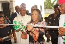 • Inset: Ms Shirley Ayorkor Botchwey (third from left) cutting the tape to inaugurate the facility Photo: Ebo Gorman