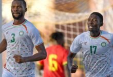 • Nigerien Oumar Sako celebrates with teammate Boubacar Djibrill Goumey after scoring against the Black Stars in the 2025 AFCON qualifer