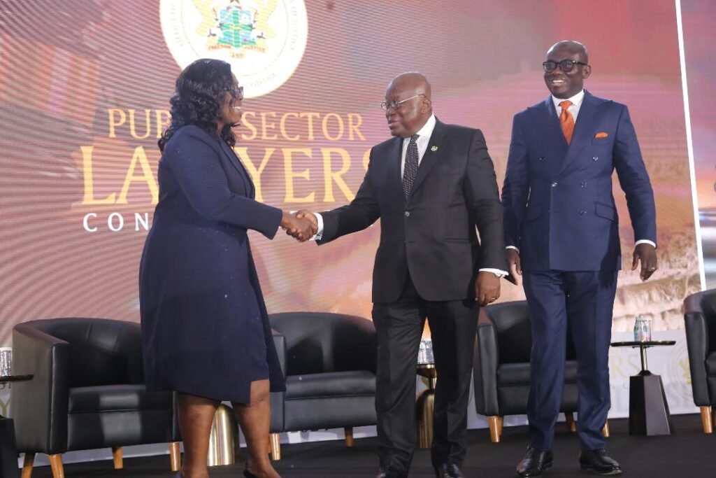 •
President Akufo-Addo interacting with Helen Ziwu (left). With them is Mr Godfred Dame