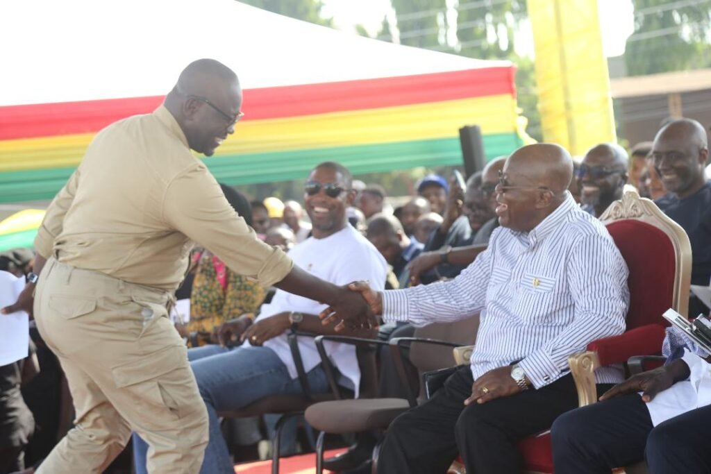 President Akufo-Addo congratulating Mr Francis Asenso Boakye (left), Minister of Roads and Highways  at the inauguration of the Flowerpot Flyover on the Spintex-East Legon stretch in Accra