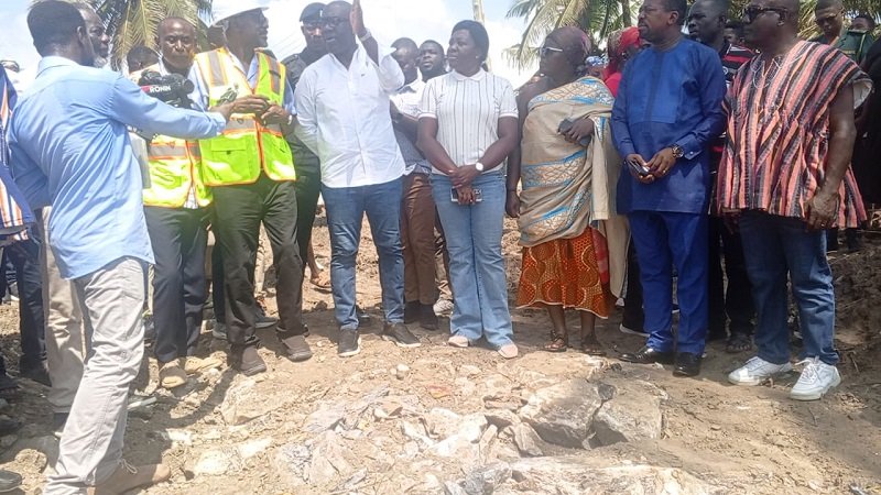 • (Flashback Inset: ) Mr Oppong Nkrumah (middle) and others at the sod- cutting of the sea defence project