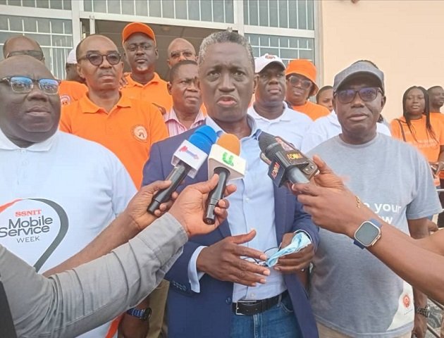 Mr Osafo-Maafo (middle) flanked by the General Manager in charge of Benefits, Mr John Boateng (left) and the General Manager in charge of Operations, Mr Kingsley Adjei-Manu, speaking to the media
