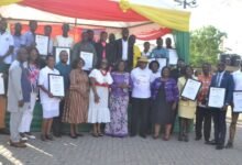 • Ms. Oboshie Sai Cofie (middle) with Dr. Shirley Owusu-Ofori (seventh from left), Mr. Sam Okudzeto (seventh from right) and winners of the blood donation Photo Victor A. Buxton