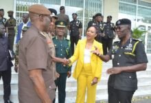 Dr. George Akufo-Dampare (right) introducing Mrs. Jean Mensa (second from right) to some Heads of security agencies Photo Victor A. Buxton