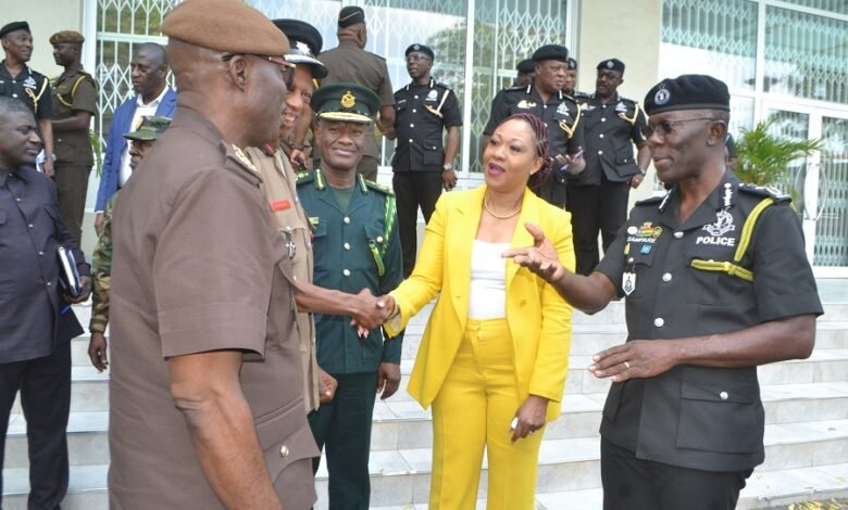 Dr. George Akufo-Dampare (right) introducing Mrs. Jean Mensa (second from right) to some Heads of security agencies Photo Victor A. Buxton