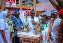 • Mrs Lordina Mahama (third from right) presenting the items