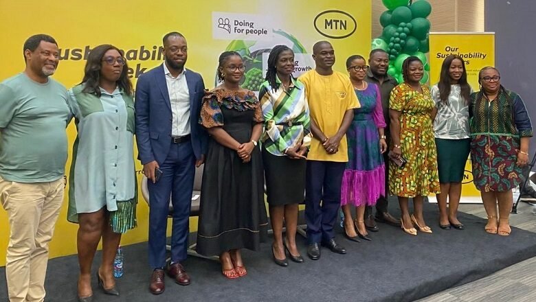 • Ms Wiafe (sixth from left) with the speakers and other senior officials of MTN Ghana