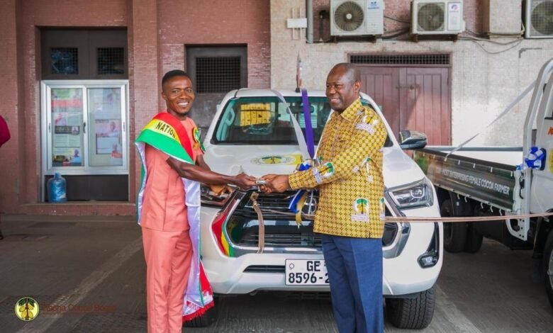 • Mr Alex Kwame (left) receiving the keys to his Toyota Hilux pickup from Mr Joseph Boahene Aidoo