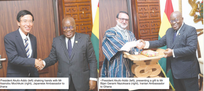 • President Akufo-Addo (left) shaking hands with Mr Hisanobu Mochikuki (right), Japanese Ambassador to Ghana • President Akufo-Addo (left), presenting a gift to Mr Bijan Gerami Nazoksara (right), Iranian Ambassador to Ghana