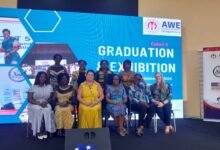 • Dr Safo-Duodu (seated third right) with Mrs Virginia Palmer (seated third left) with some executives and participants of AWE after the event