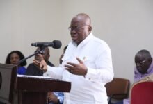 • President Akufo-Addo (inset) speaking to executives of the Trade Unions at a meeting in Accra