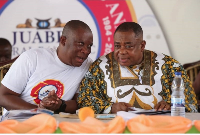 • Board Chair, Nana Appiagyei Dankawoso I (right) confering with Bank's CEO Mr Awere Damoah