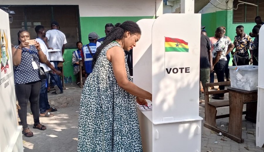 • NDC PC for Tema Central, Ebi Bright, casting her ballot at the Tema Royal School No.1 polling centre