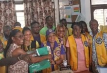 • Dr. Mame Yaa Nyarko (second from left ), Medical Superintendent, receiving the items from Dr. Helena Asamoah-Hassan (fourth from right)