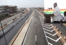 • President Akufo-Addo (inset) speaking at the inauguration of the Tema Motorway Roundabout Phase II project