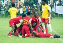 • Okwawu United players celebrate the win over Olympics