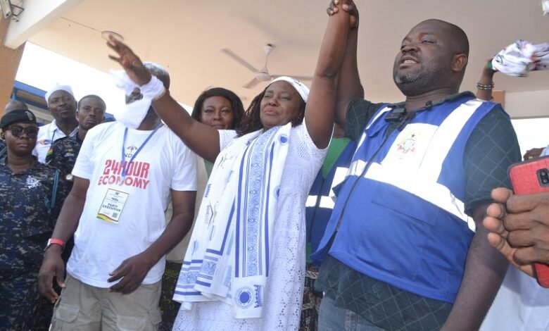 • Ms Sowah (middle) being declared the winner by Mr Seth Osei, EC official Photo: Victor A. Buxton