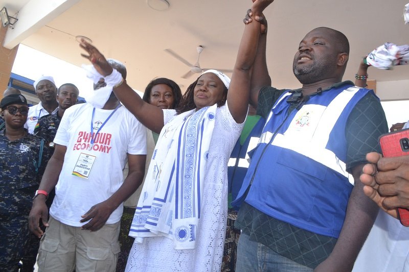 • Ms Sowah (middle) being declared the winner by Mr Seth Osei, EC official Photo: Victor A. Buxton