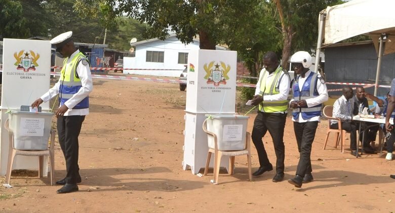 Security personnel casting their ballots at the Community 8 police station in Tema Photo Victor A. Buxton