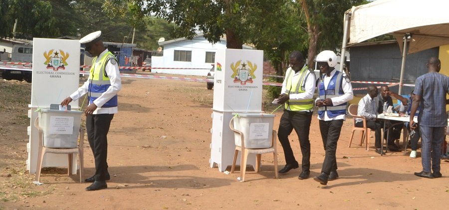 Security personnel casting their ballots at the Community 8 police station in Tema Photo Victor A. Buxton