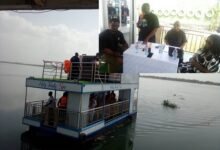 • Mr Mawufemor Kobla Nornyibey addressing the media in a cruising boat at Sogakope