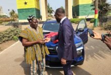 • Alhaji Ayana Yakubu (left) receiving the keys to the vehicle from Mr Kofi Okyere Darko