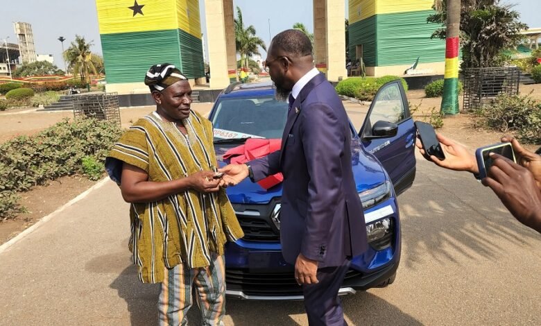 • Alhaji Ayana Yakubu (left) receiving the keys to the vehicle from Mr Kofi Okyere Darko