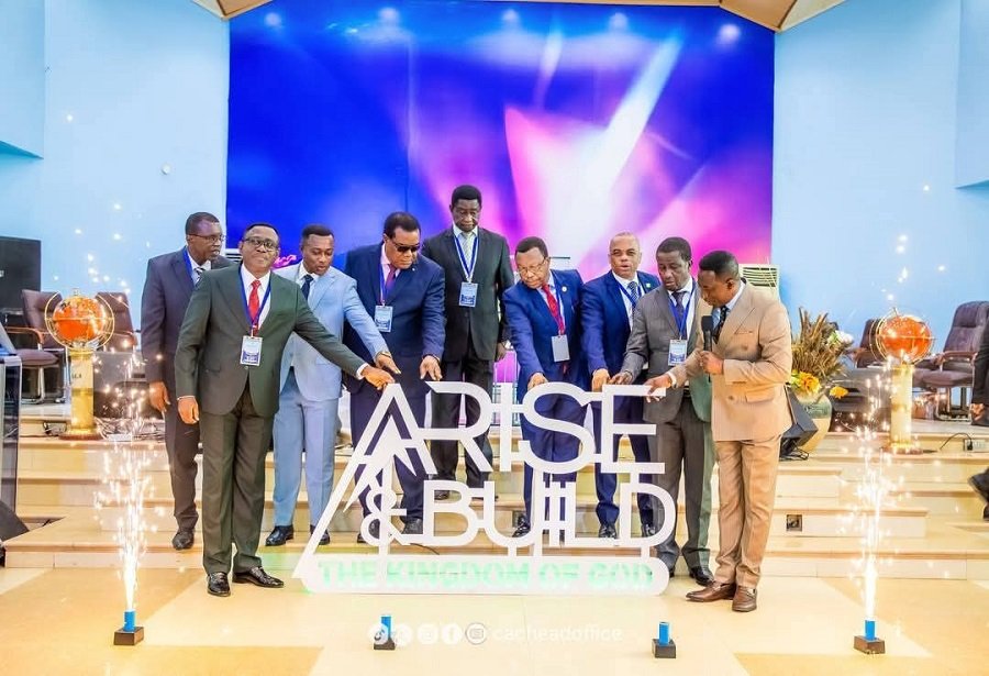 • Apostle Amponsah-Frinpong (right) with members of the executive council of the church launching the 2025 year theme for the church