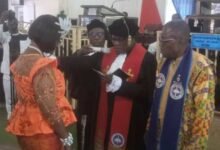 • Rt Rev.w Dr Agbeko (second from right) inducting Dr Mrs Otami Abutiate into office