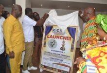 Mr Charles Asinor (second from left) being assisted by Nii Ahene Nuufo III (second from right) and other dignitaries to launch the programme Photo: Victor A. Buxton