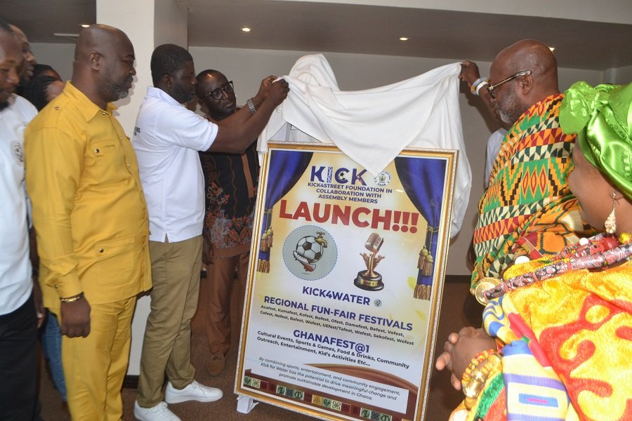 Mr Charles Asinor (second from left) being assisted by Nii Ahene Nuufo III (second from right) and other dignitaries to launch the programme Photo: Victor A. Buxton