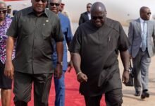 President John Dramani Mahama (left) with Chief of Staff, Mr Julius Debrah on his arrival at the Kotoka International Airport