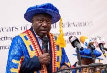 • Rev. Prof. Eshun (inset) addressing the graduands at the congregation