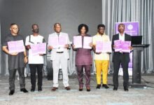 • Dr Faustina Frimpong Ainguah (third from right) and other development partners launching the report Photo: Seth Osabukle