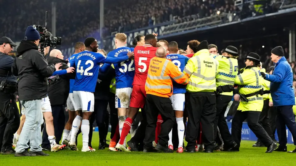 • A mass confrontation broke out at Goodison Park shortly after James Tarkowski's equaliser