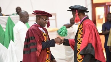 • Prof. Al-hassan (right) congratulating Prof. Seini after the lectures Photo: Geoffrey Buta