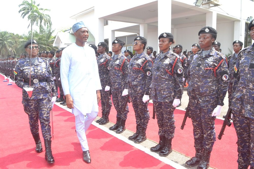 • Mr Mohammed Mubarak Muntaka (second from left) inspecting an all female guard of honour Photo: Victor A. Buxton