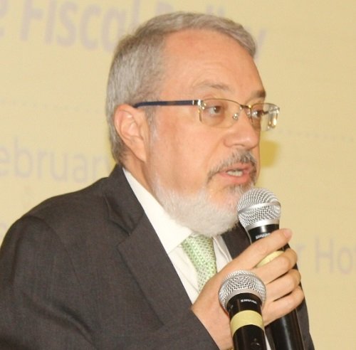 Mr Robert R. Taliercio (inset) making a submission at the launch of the Public Finance Review Photo: Ebo Gorman