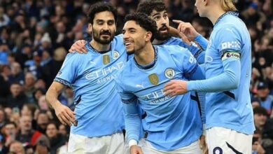 Marmoush beig mobbed by City players to celebrate his hat-trick