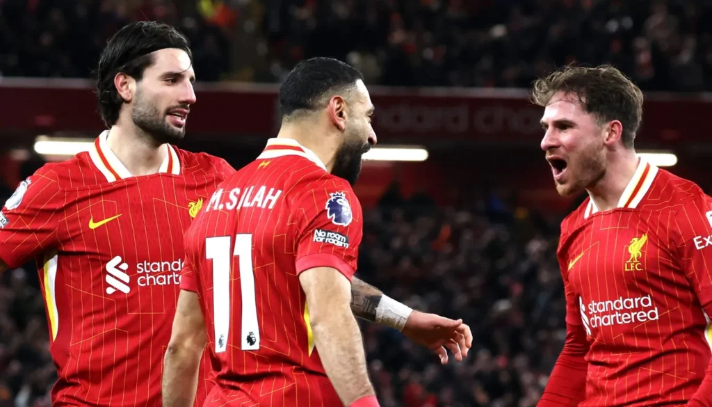 • Mohamed Salah (middle) joins Szoboszlai and Mac Allister to celebrate