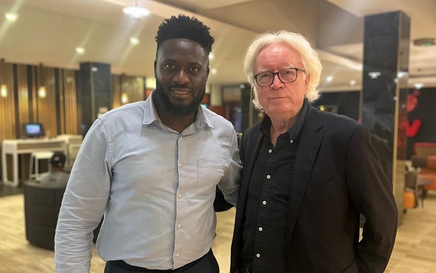 • Mr Winfried Schaeffer (right) and Desmond Offei on arrival at the Kotoka International Airport