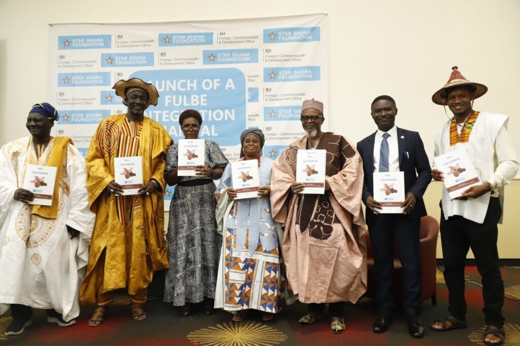 • Suzan Yemedi (third from left), STAR Ghana Foundation; Chief Alhaji lddrisu Mohammed Bingle (third from right), Dr George Amoh (second from right),and other dignitaries launching the Fulbe integration Manual