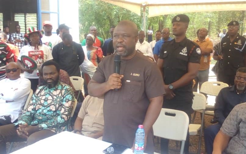 • Mr James Gunu (inset) speaking during the tour of the Kpeve Water Supply Station